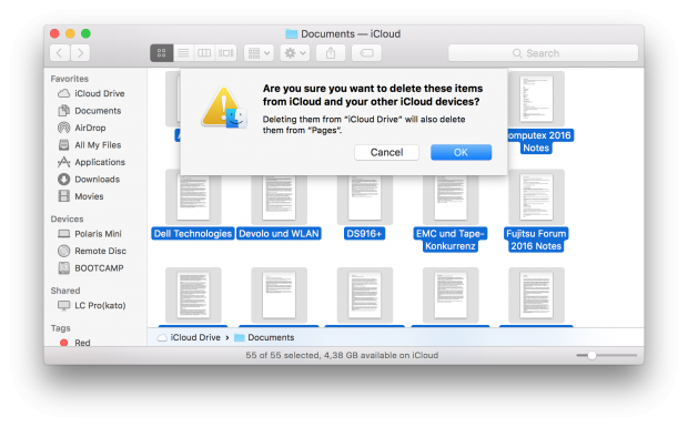Nach dem Deaktivieren wollten wir unsere Daten wieder lokal haben. Die Behauptung, dass unsere Daten aus Pages gelöscht werden, stimmt aber nicht. Unser Pages-iCloud-Ordner blieb erhalten. (Screenshot: Golem.de)